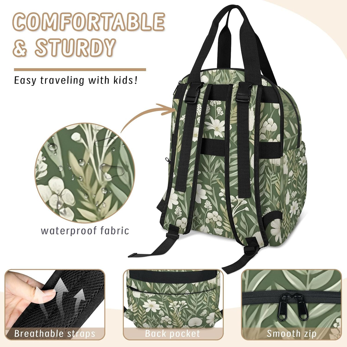 Flowers Leaf Green Diaper Bag Backpack for Travel, Waterproof Diaper Bag with Insulated Bottle Pockets & USB Port, Large Capacity Baby Bag for Moms & Dads