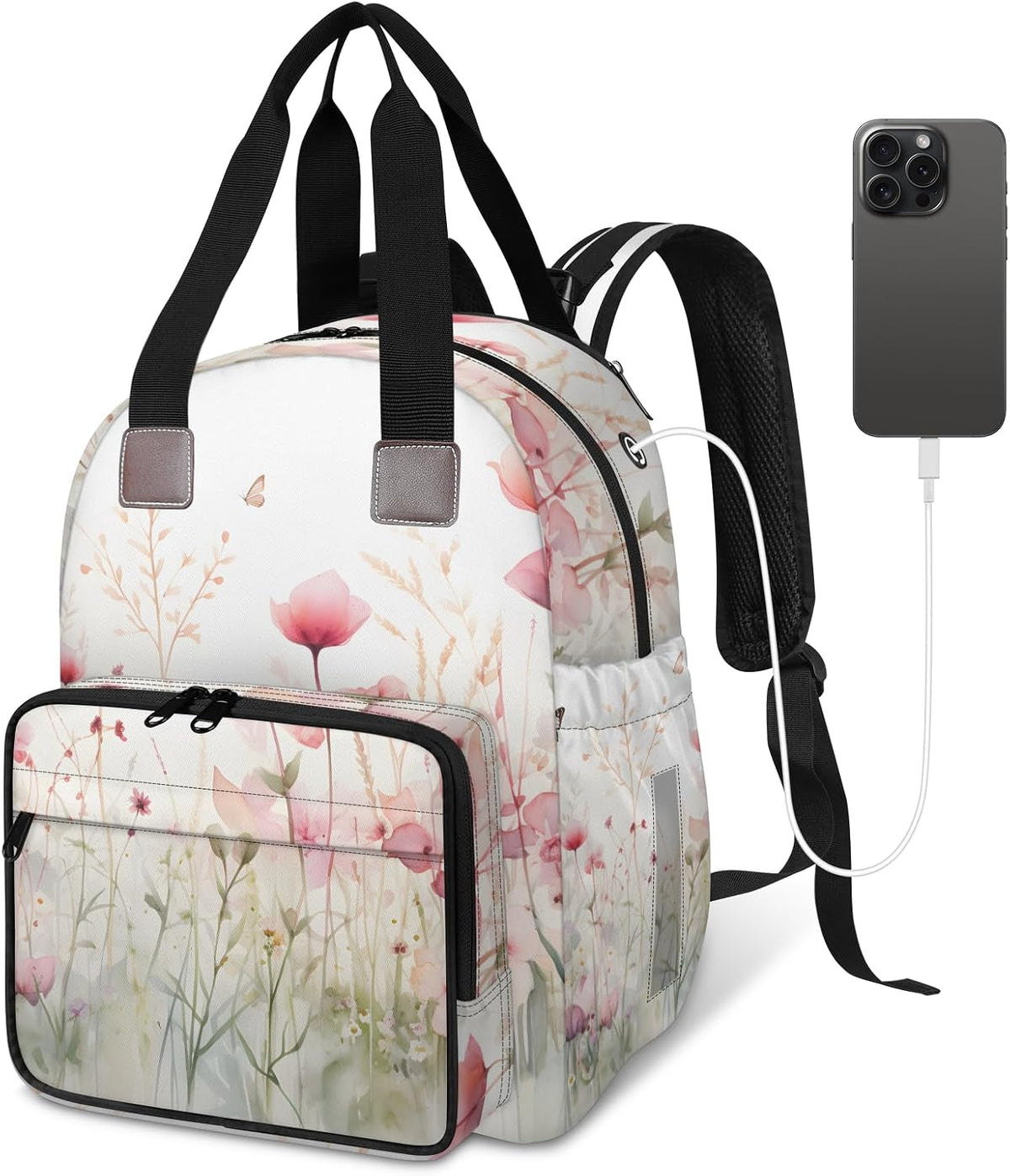 Flowers Leaf Green Diaper Bag Backpack for Travel, Waterproof Diaper Bag with Insulated Bottle Pockets & USB Port, Large Capacity Baby Bag for Moms & Dads
