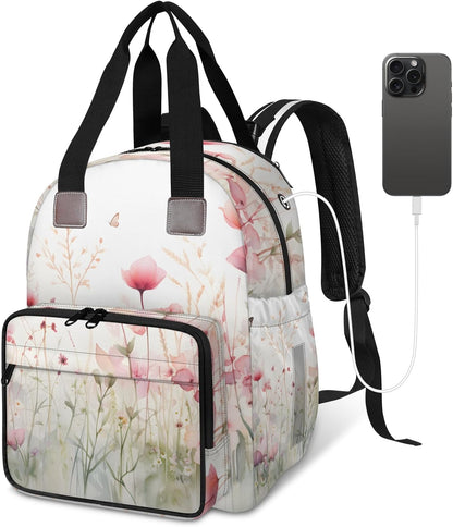 Flowers Leaf Green Diaper Bag Backpack for Travel, Waterproof Diaper Bag with Insulated Bottle Pockets & USB Port, Large Capacity Baby Bag for Moms & Dads