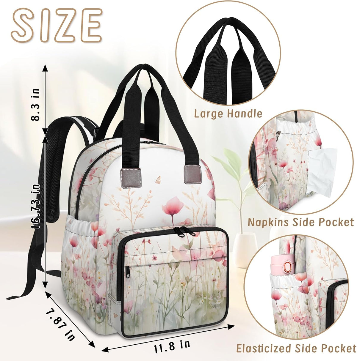 Flowers Leaf Green Diaper Bag Backpack for Travel, Waterproof Diaper Bag with Insulated Bottle Pockets & USB Port, Large Capacity Baby Bag for Moms & Dads
