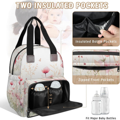 Flowers Leaf Green Diaper Bag Backpack for Travel, Waterproof Diaper Bag with Insulated Bottle Pockets & USB Port, Large Capacity Baby Bag for Moms & Dads
