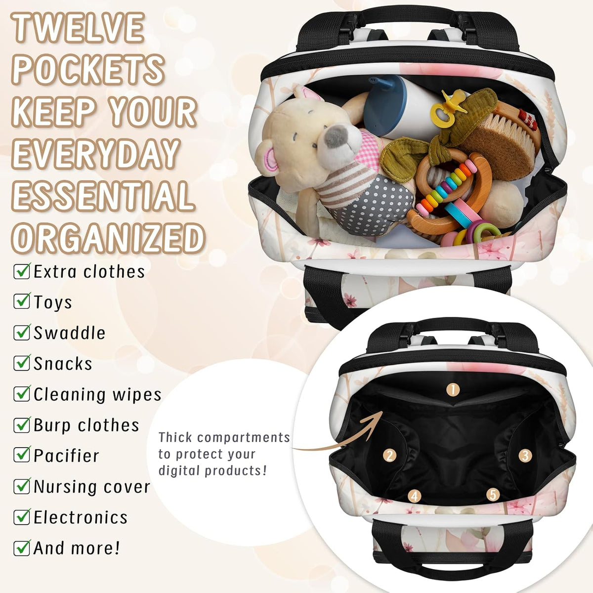 Flowers Leaf Green Diaper Bag Backpack for Travel, Waterproof Diaper Bag with Insulated Bottle Pockets & USB Port, Large Capacity Baby Bag for Moms & Dads