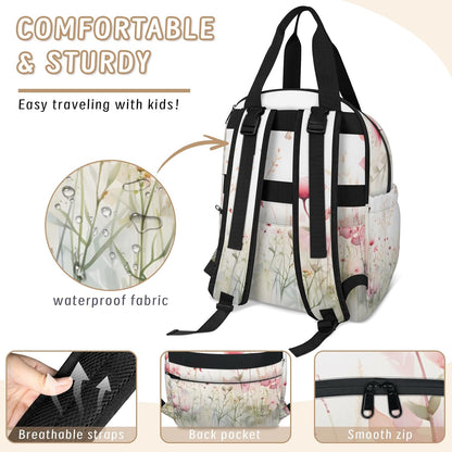 Flowers Leaf Green Diaper Bag Backpack for Travel, Waterproof Diaper Bag with Insulated Bottle Pockets & USB Port, Large Capacity Baby Bag for Moms & Dads