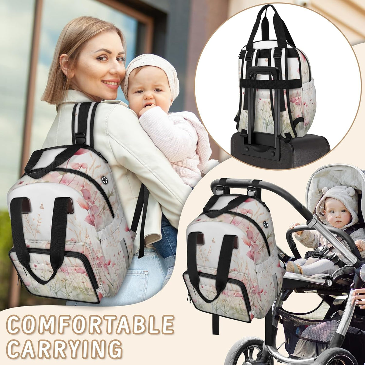 Flowers Leaf Green Diaper Bag Backpack for Travel, Waterproof Diaper Bag with Insulated Bottle Pockets & USB Port, Large Capacity Baby Bag for Moms & Dads
