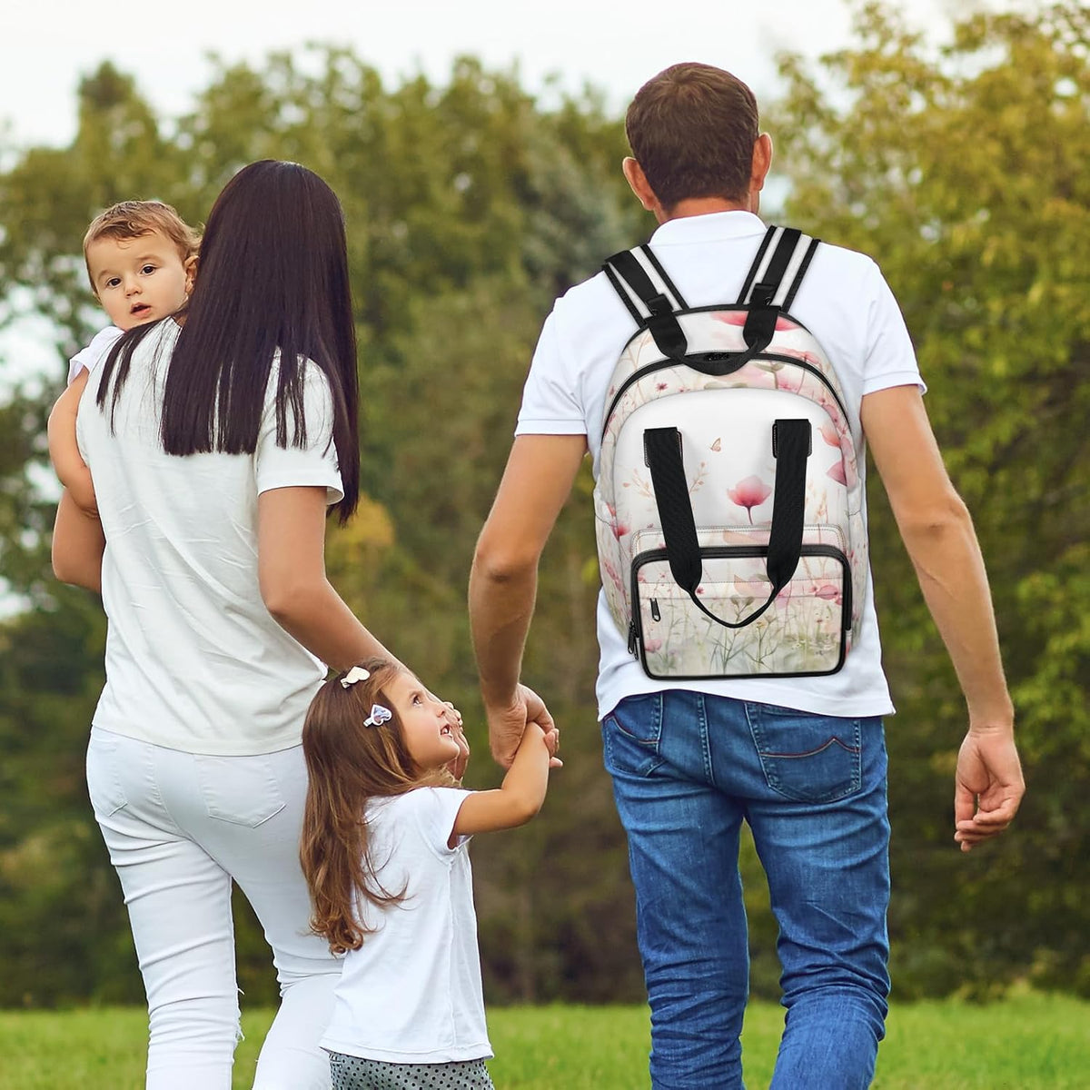 Flowers Leaf Green Diaper Bag Backpack for Travel, Waterproof Diaper Bag with Insulated Bottle Pockets & USB Port, Large Capacity Baby Bag for Moms & Dads