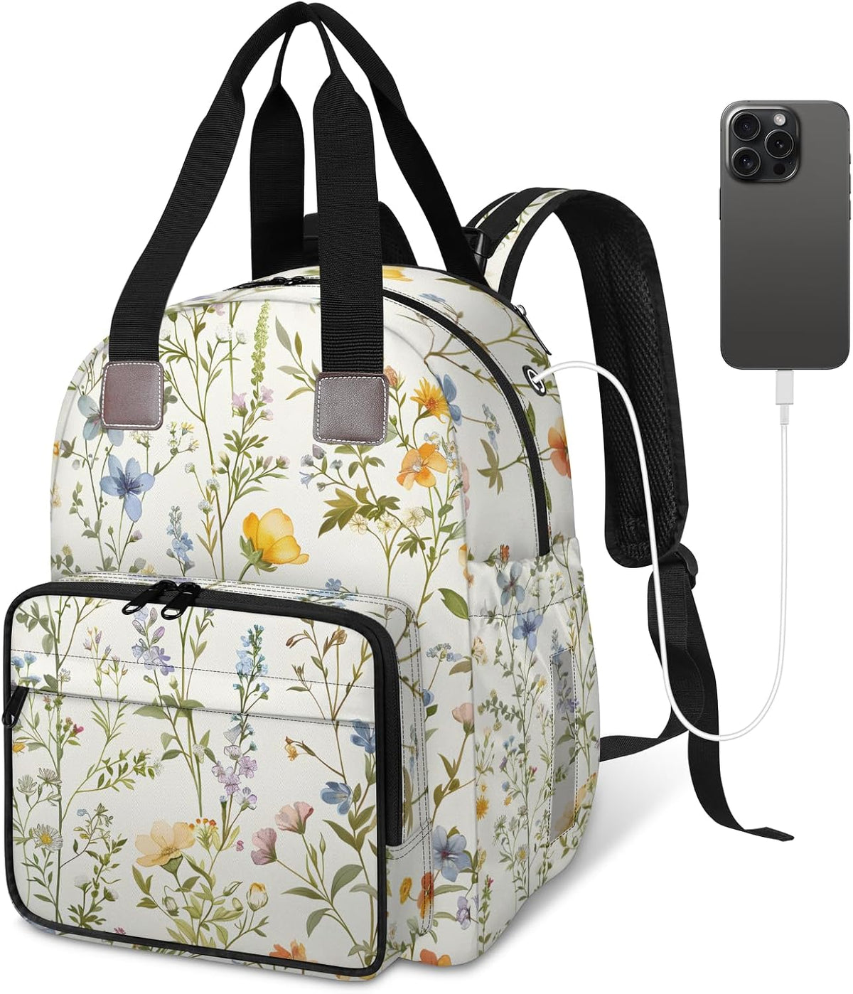 Flowers Leaf Green Diaper Bag Backpack for Travel, Waterproof Diaper Bag with Insulated Bottle Pockets & USB Port, Large Capacity Baby Bag for Moms & Dads