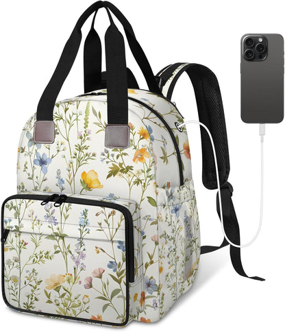 Flowers Leaf Green Diaper Bag Backpack for Travel, Waterproof Diaper Bag with Insulated Bottle Pockets & USB Port, Large Capacity Baby Bag for Moms & Dads