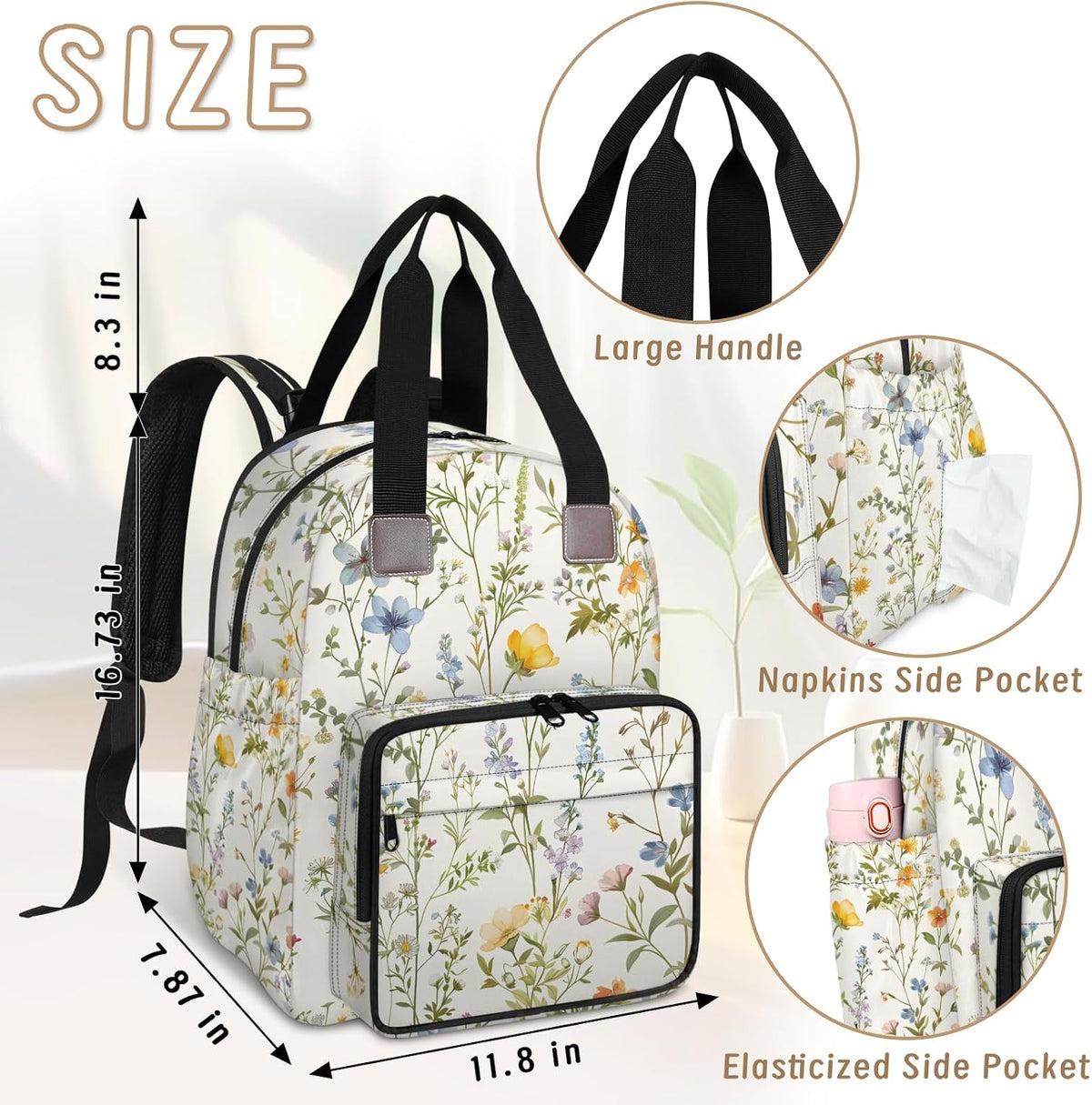 Flowers Leaf Green Diaper Bag Backpack for Travel, Waterproof Diaper Bag with Insulated Bottle Pockets & USB Port, Large Capacity Baby Bag for Moms & Dads