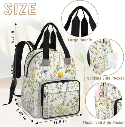 Flowers Leaf Green Diaper Bag Backpack for Travel, Waterproof Diaper Bag with Insulated Bottle Pockets & USB Port, Large Capacity Baby Bag for Moms & Dads