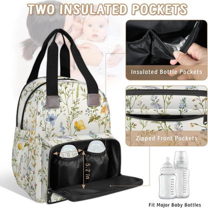Flowers Leaf Green Diaper Bag Backpack for Travel, Waterproof Diaper Bag with Insulated Bottle Pockets & USB Port, Large Capacity Baby Bag for Moms & Dads