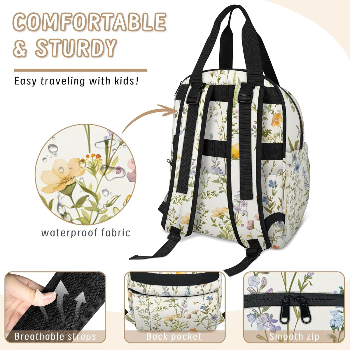 Flowers Leaf Green Diaper Bag Backpack for Travel, Waterproof Diaper Bag with Insulated Bottle Pockets & USB Port, Large Capacity Baby Bag for Moms & Dads