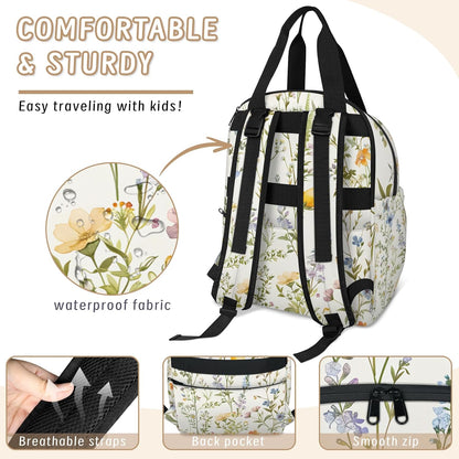 Flowers Leaf Green Diaper Bag Backpack for Travel, Waterproof Diaper Bag with Insulated Bottle Pockets & USB Port, Large Capacity Baby Bag for Moms & Dads