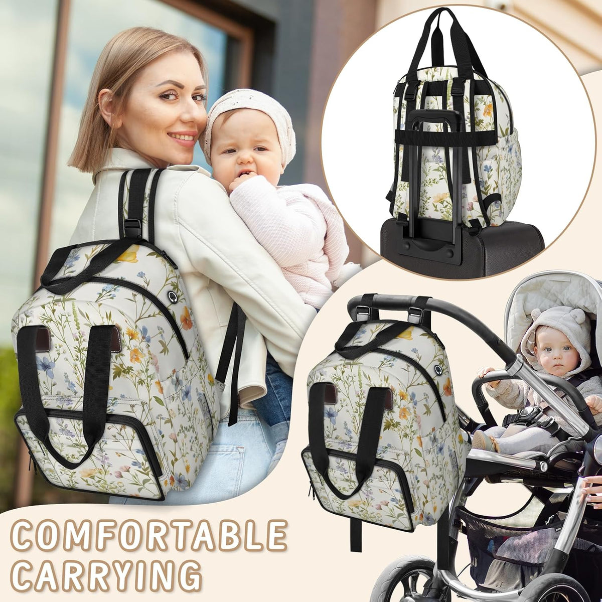 Flowers Leaf Green Diaper Bag Backpack for Travel, Waterproof Diaper Bag with Insulated Bottle Pockets & USB Port, Large Capacity Baby Bag for Moms & Dads