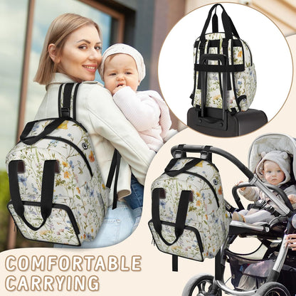 Flowers Leaf Green Diaper Bag Backpack for Travel, Waterproof Diaper Bag with Insulated Bottle Pockets & USB Port, Large Capacity Baby Bag for Moms & Dads