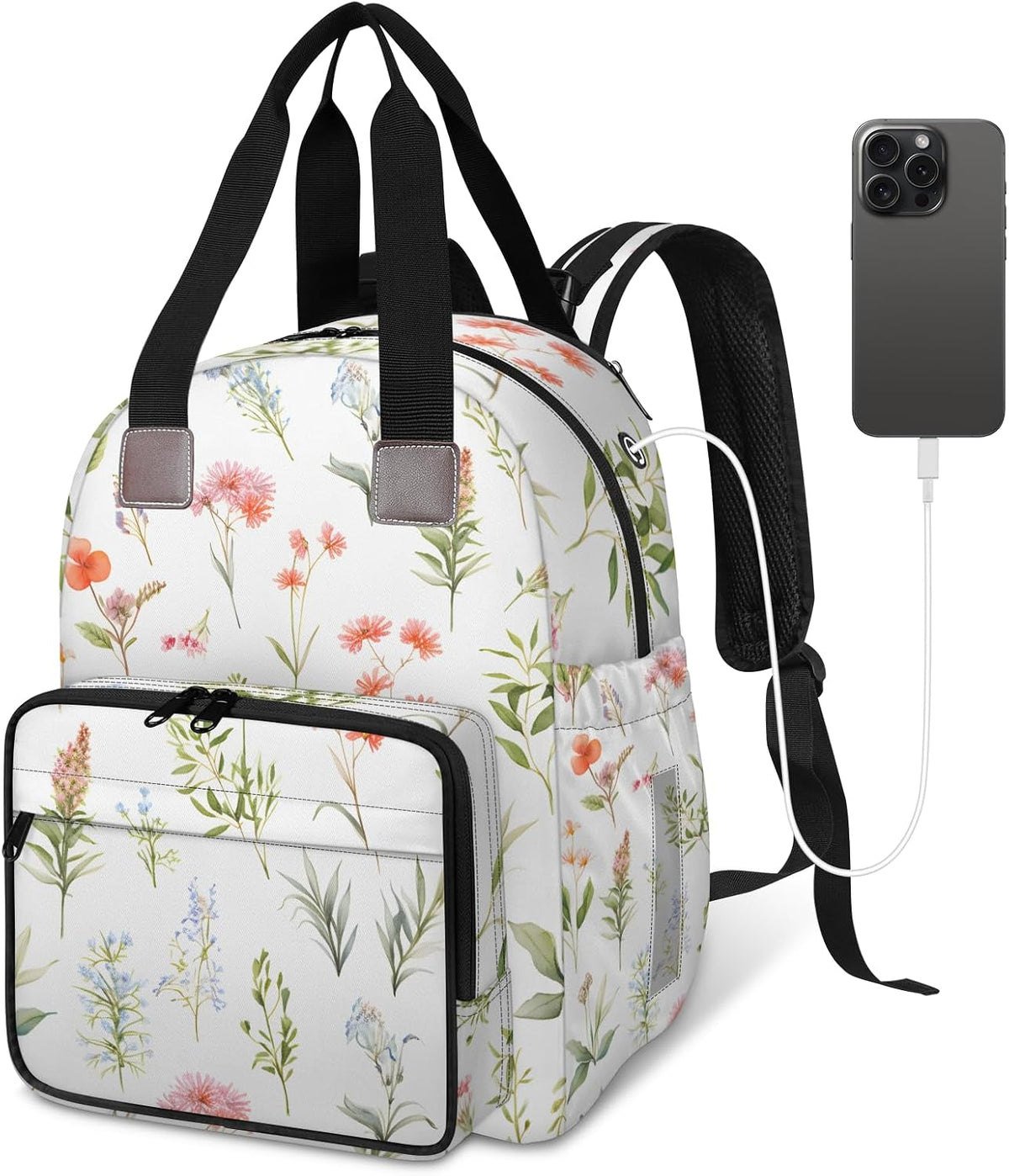 Flowers Leaf Green Diaper Bag Backpack for Travel, Waterproof Diaper Bag with Insulated Bottle Pockets & USB Port, Large Capacity Baby Bag for Moms & Dads