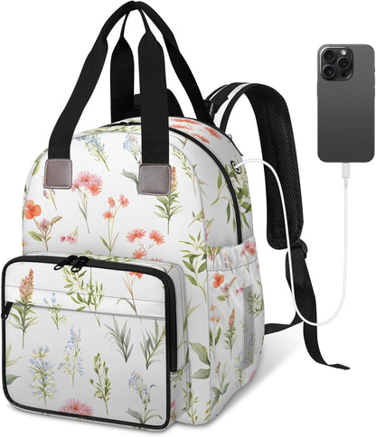 Flowers Leaf Green Diaper Bag Backpack for Travel, Waterproof Diaper Bag with Insulated Bottle Pockets & USB Port, Large Capacity Baby Bag for Moms & Dads