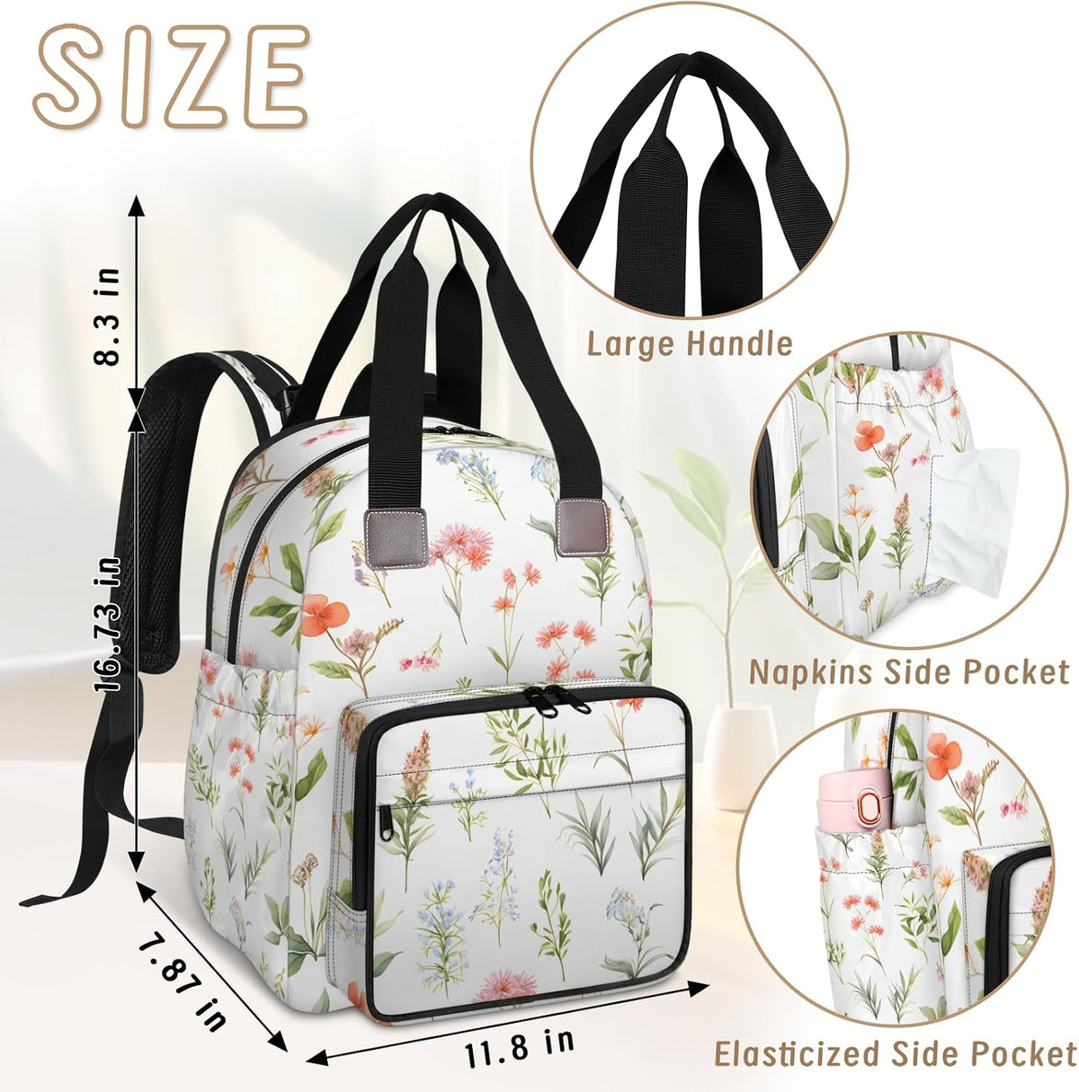 Flowers Leaf Green Diaper Bag Backpack for Travel, Waterproof Diaper Bag with Insulated Bottle Pockets & USB Port, Large Capacity Baby Bag for Moms & Dads