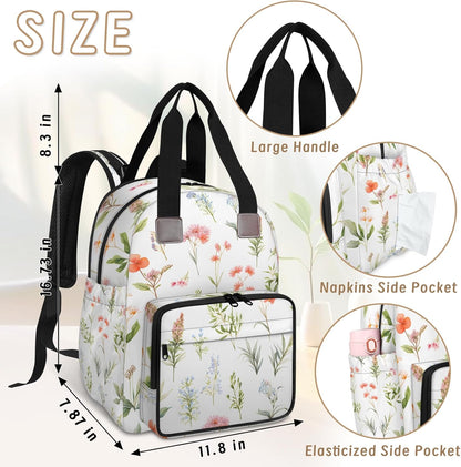 Flowers Leaf Green Diaper Bag Backpack for Travel, Waterproof Diaper Bag with Insulated Bottle Pockets & USB Port, Large Capacity Baby Bag for Moms & Dads