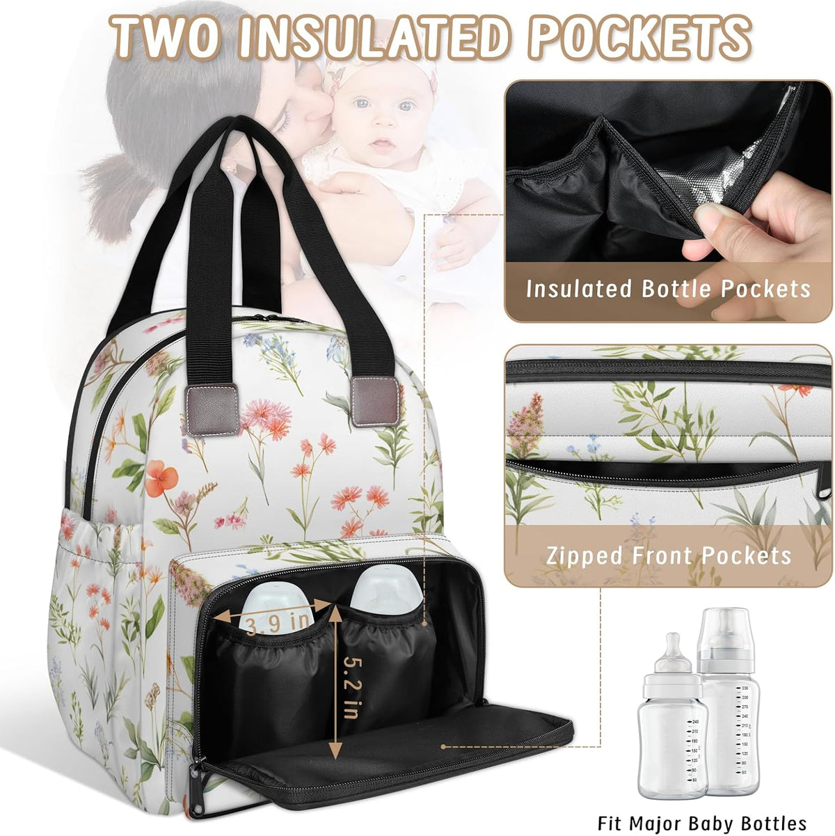 Flowers Leaf Green Diaper Bag Backpack for Travel, Waterproof Diaper Bag with Insulated Bottle Pockets & USB Port, Large Capacity Baby Bag for Moms & Dads