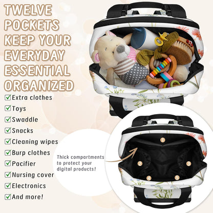 Flowers Leaf Green Diaper Bag Backpack for Travel, Waterproof Diaper Bag with Insulated Bottle Pockets & USB Port, Large Capacity Baby Bag for Moms & Dads