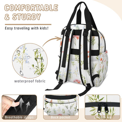 Flowers Leaf Green Diaper Bag Backpack for Travel, Waterproof Diaper Bag with Insulated Bottle Pockets & USB Port, Large Capacity Baby Bag for Moms & Dads