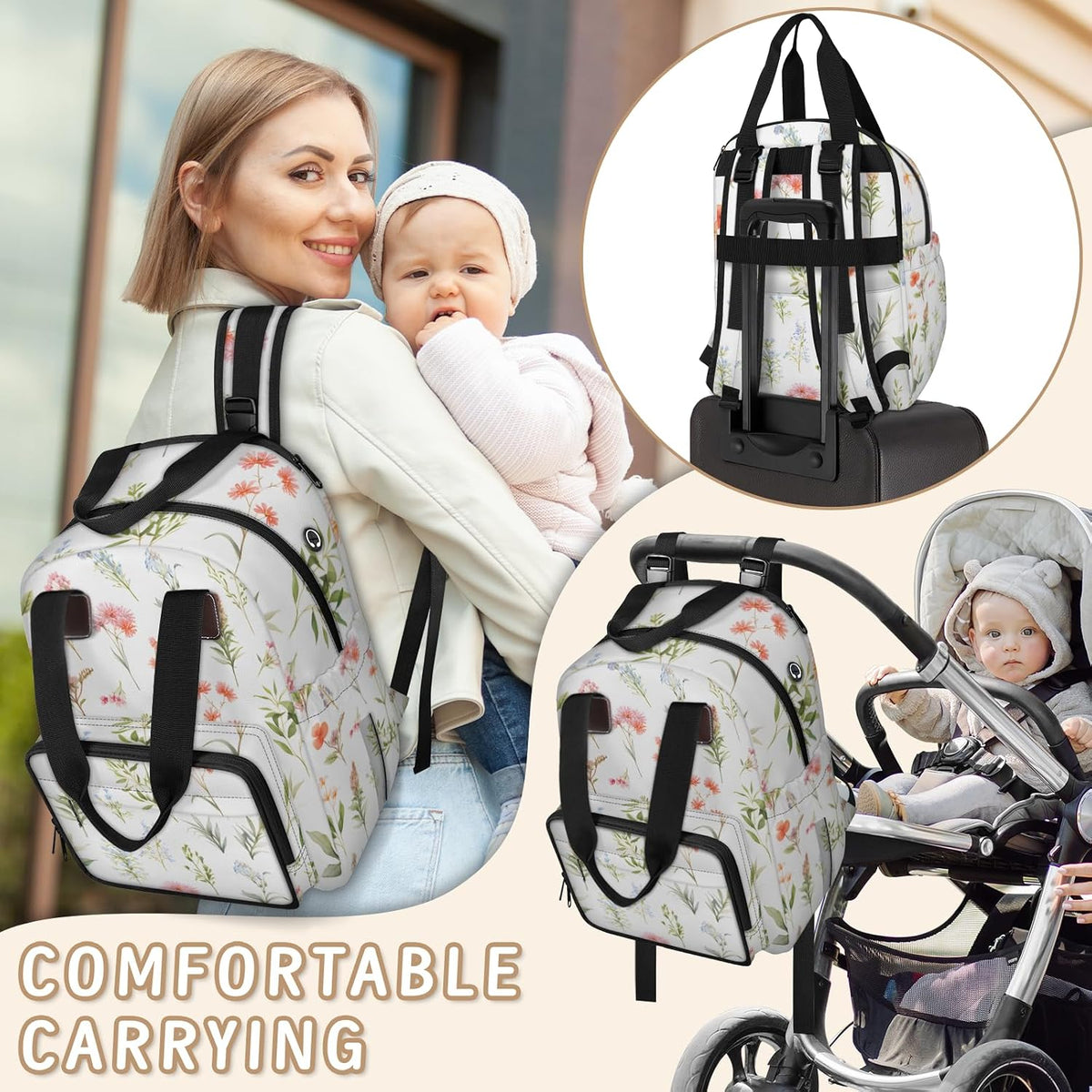 Flowers Leaf Green Diaper Bag Backpack for Travel, Waterproof Diaper Bag with Insulated Bottle Pockets & USB Port, Large Capacity Baby Bag for Moms & Dads