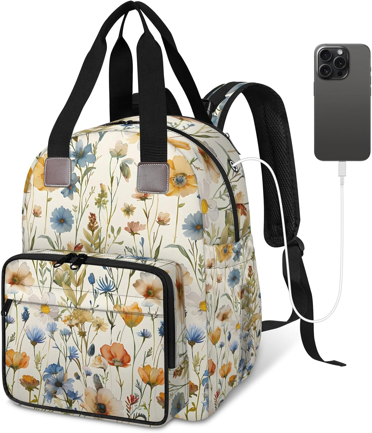 Flowers Leaf Green Diaper Bag Backpack for Travel, Waterproof Diaper Bag with Insulated Bottle Pockets & USB Port, Large Capacity Baby Bag for Moms & Dads