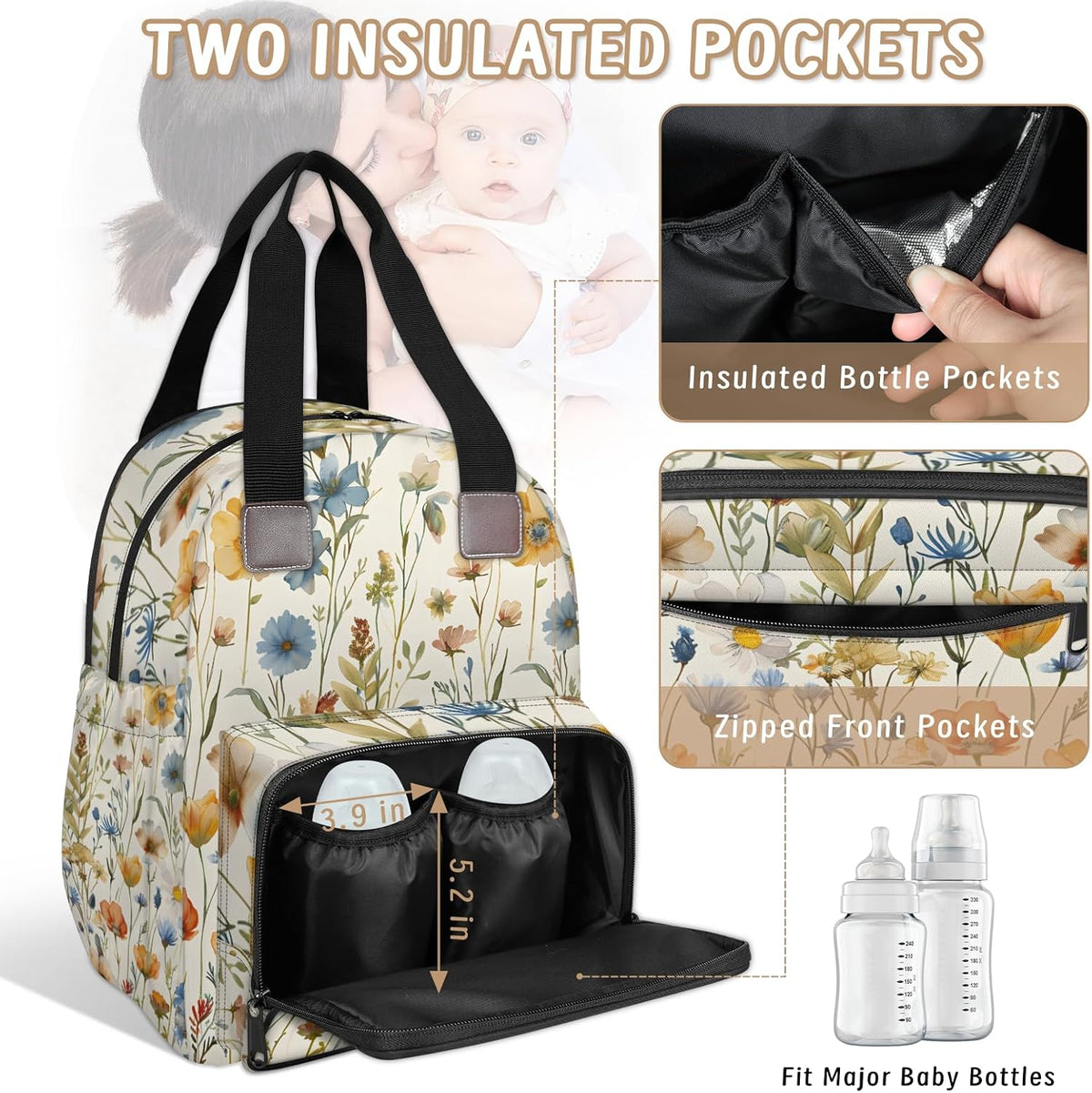 Flowers Leaf Green Diaper Bag Backpack for Travel, Waterproof Diaper Bag with Insulated Bottle Pockets & USB Port, Large Capacity Baby Bag for Moms & Dads