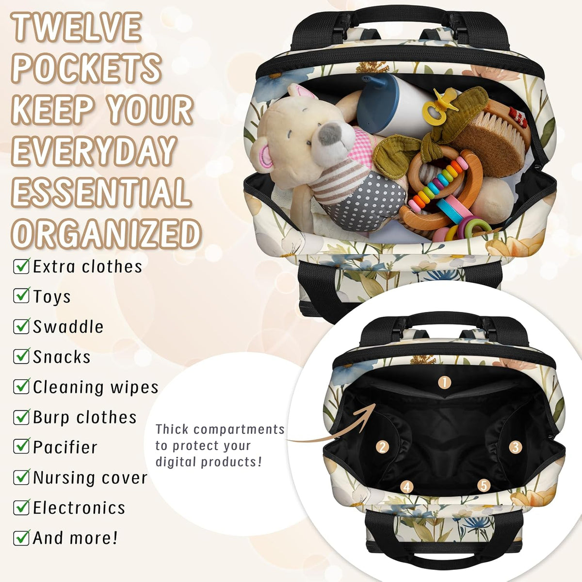 Flowers Leaf Green Diaper Bag Backpack for Travel, Waterproof Diaper Bag with Insulated Bottle Pockets & USB Port, Large Capacity Baby Bag for Moms & Dads
