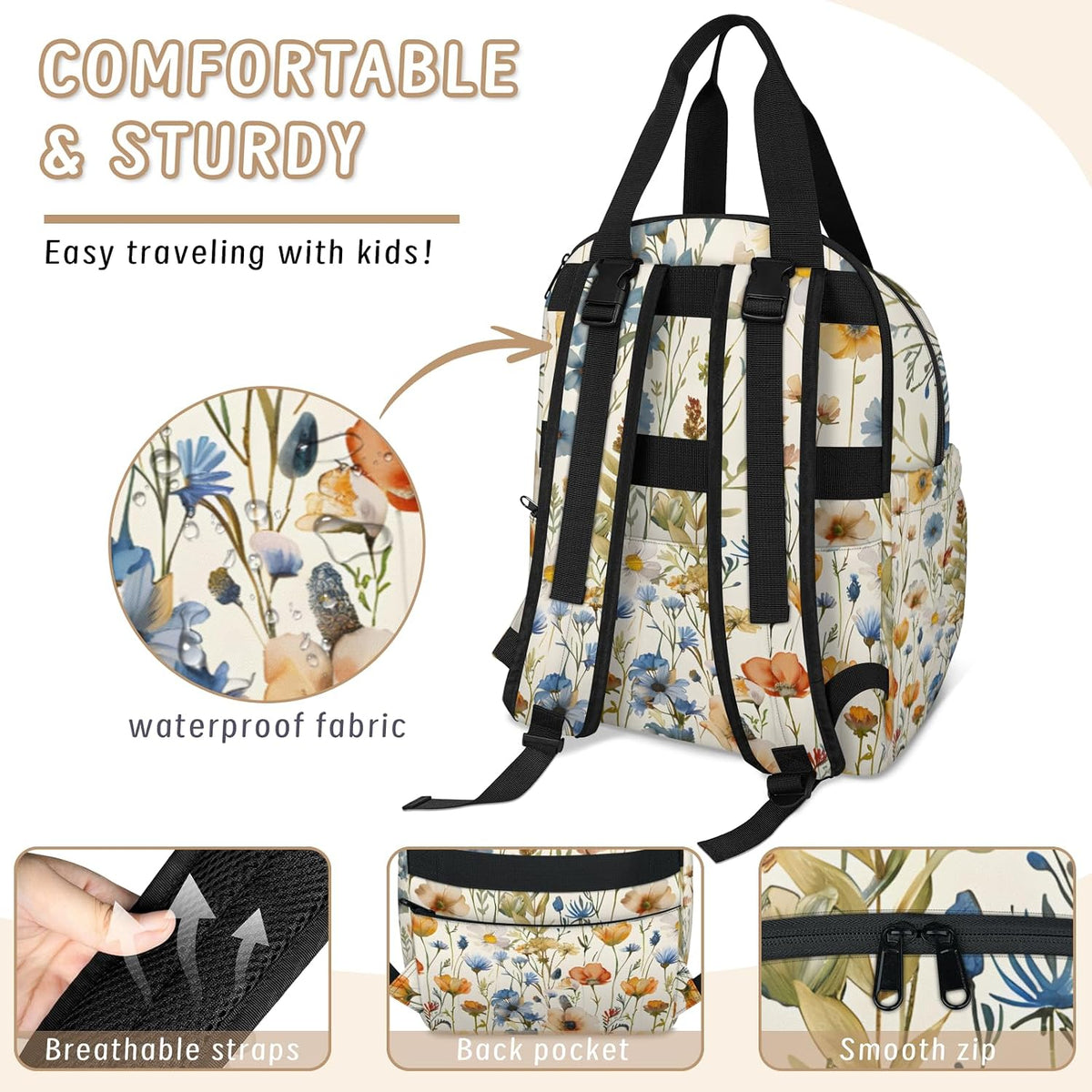 Flowers Leaf Green Diaper Bag Backpack for Travel, Waterproof Diaper Bag with Insulated Bottle Pockets & USB Port, Large Capacity Baby Bag for Moms & Dads