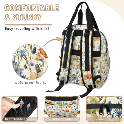 Flowers Leaf Green Diaper Bag Backpack for Travel, Waterproof Diaper Bag with Insulated Bottle Pockets & USB Port, Large Capacity Baby Bag for Moms & Dads