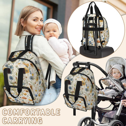 Flowers Leaf Green Diaper Bag Backpack for Travel, Waterproof Diaper Bag with Insulated Bottle Pockets & USB Port, Large Capacity Baby Bag for Moms & Dads