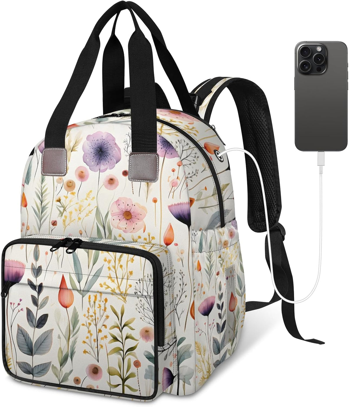 Flowers Leaf Green Diaper Bag Backpack for Travel, Waterproof Diaper Bag with Insulated Bottle Pockets & USB Port, Large Capacity Baby Bag for Moms & Dads