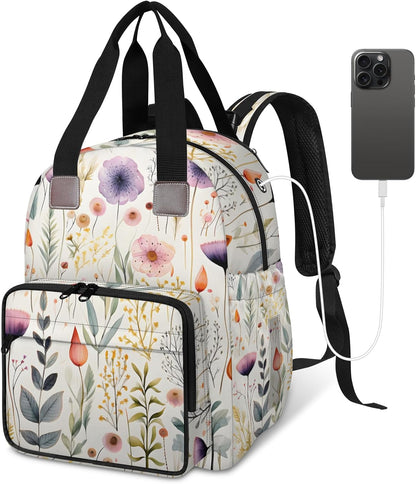 Flowers Leaf Green Diaper Bag Backpack for Travel, Waterproof Diaper Bag with Insulated Bottle Pockets & USB Port, Large Capacity Baby Bag for Moms & Dads