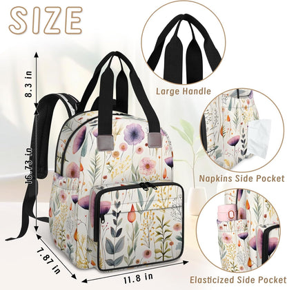 Flowers Leaf Green Diaper Bag Backpack for Travel, Waterproof Diaper Bag with Insulated Bottle Pockets & USB Port, Large Capacity Baby Bag for Moms & Dads