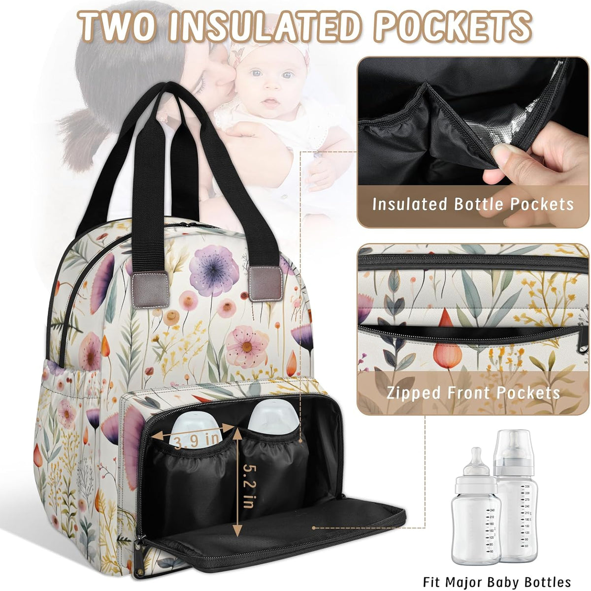 Flowers Leaf Green Diaper Bag Backpack for Travel, Waterproof Diaper Bag with Insulated Bottle Pockets & USB Port, Large Capacity Baby Bag for Moms & Dads