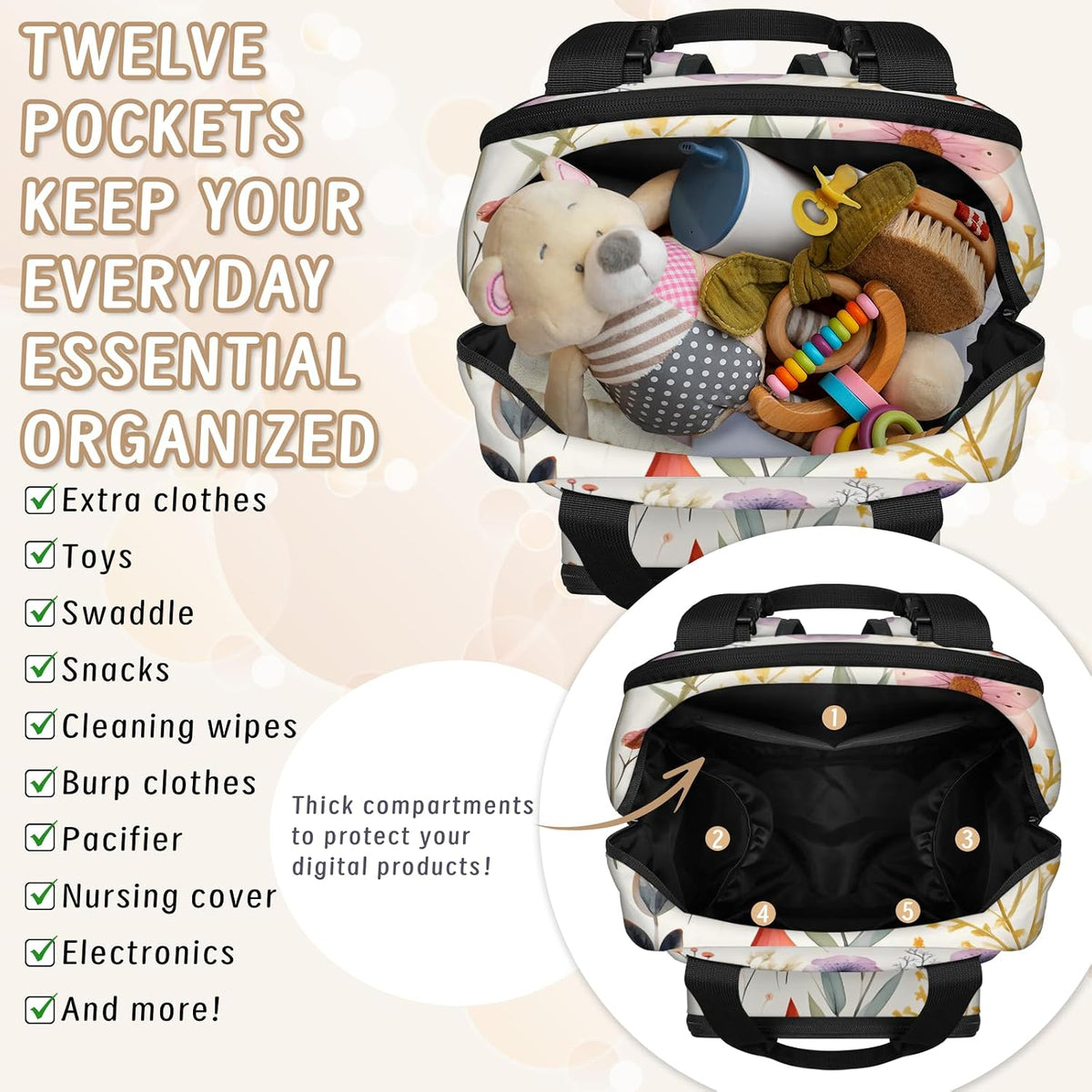 Flowers Leaf Green Diaper Bag Backpack for Travel, Waterproof Diaper Bag with Insulated Bottle Pockets & USB Port, Large Capacity Baby Bag for Moms & Dads