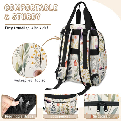 Flowers Leaf Green Diaper Bag Backpack for Travel, Waterproof Diaper Bag with Insulated Bottle Pockets & USB Port, Large Capacity Baby Bag for Moms & Dads