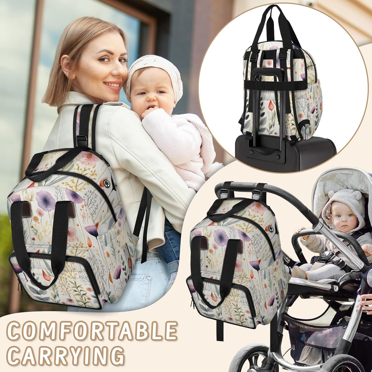 Flowers Leaf Green Diaper Bag Backpack for Travel, Waterproof Diaper Bag with Insulated Bottle Pockets & USB Port, Large Capacity Baby Bag for Moms & Dads