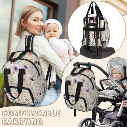 Flowers Leaf Green Diaper Bag Backpack for Travel, Waterproof Diaper Bag with Insulated Bottle Pockets & USB Port, Large Capacity Baby Bag for Moms & Dads