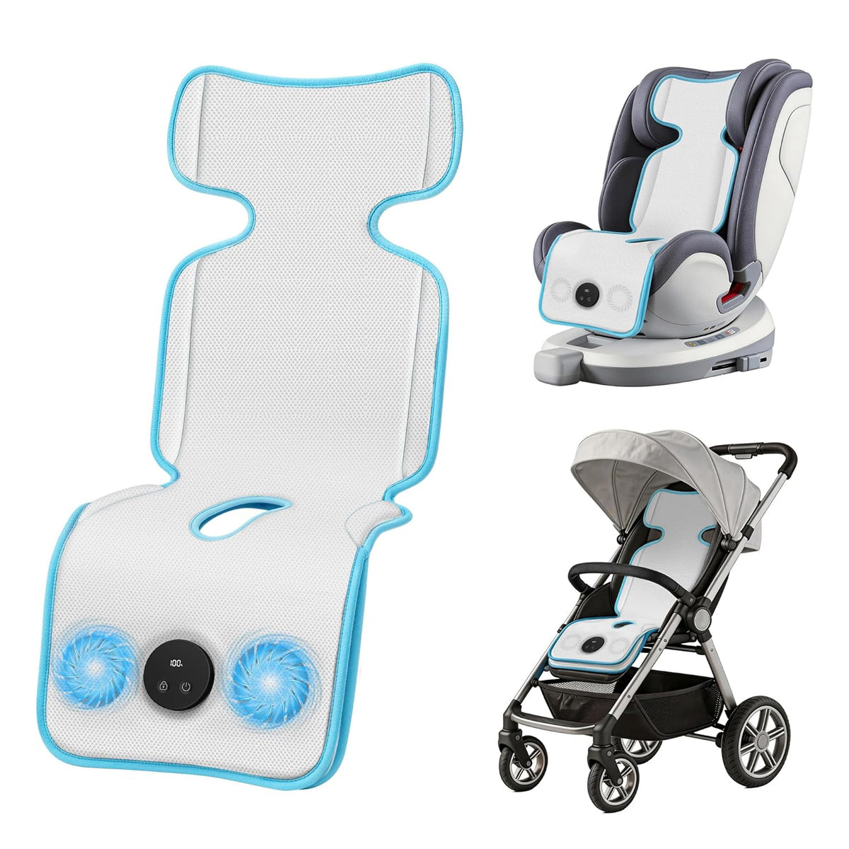 Baby Stroller Cooling Pad with Fan, 3D Breathable Carseat Cooling Pad, 5 Speeds Adjustable, 17H Max Ventilation, Rechargeable Cooling Mat Liner for Infant Baby Summer Essentials,White Blue