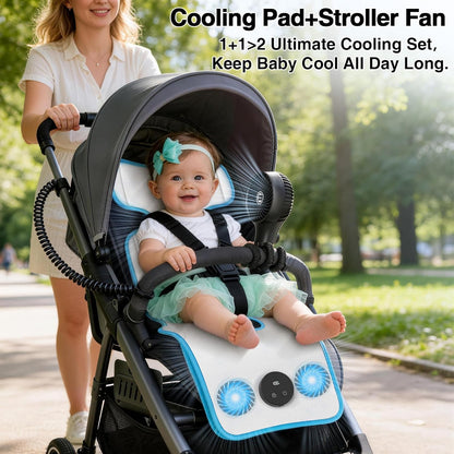 Baby Stroller Cooling Pad with Fan, 3D Breathable Carseat Cooling Pad, 5 Speeds Adjustable, 17H Max Ventilation, Rechargeable Cooling Mat Liner for Infant Baby Summer Essentials,White Blue