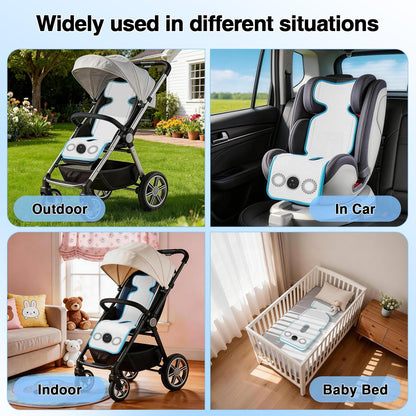 Baby Stroller Cooling Pad with Fan, 3D Breathable Carseat Cooling Pad, 5 Speeds Adjustable, 17H Max Ventilation, Rechargeable Cooling Mat Liner for Infant Baby Summer Essentials,White Blue