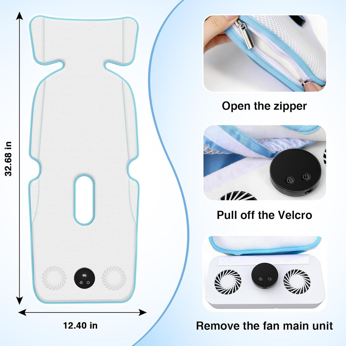 Baby Stroller Cooling Pad with Fan, 3D Breathable Carseat Cooling Pad, 5 Speeds Adjustable, 17H Max Ventilation, Rechargeable Cooling Mat Liner for Infant Baby Summer Essentials,White Blue