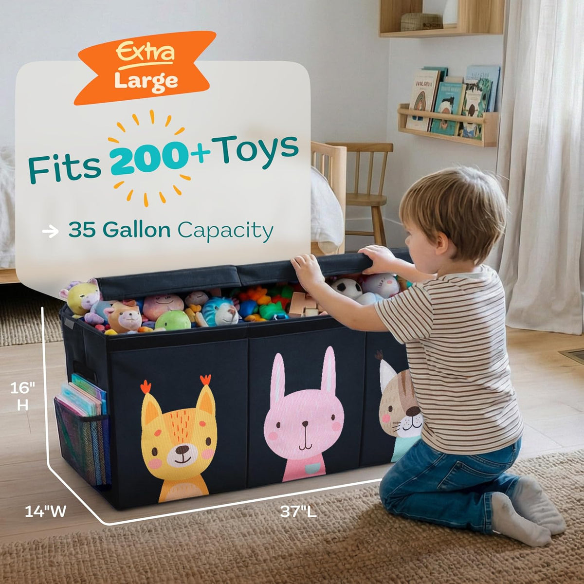 Extra Large Toy Storage Organizer with Lid - Sturdy, Collapsible Toy Chest Storage Box Design - Toys Bin with Dividers for Kids, Nursery, Bedroom, Playroom 37"x16"x14"