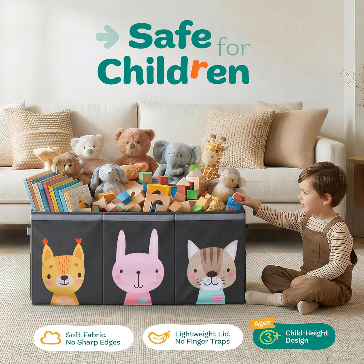 Extra Large Toy Storage Organizer with Lid - Sturdy, Collapsible Toy Chest Storage Box Design - Toys Bin with Dividers for Kids, Nursery, Bedroom, Playroom 37"x16"x14"
