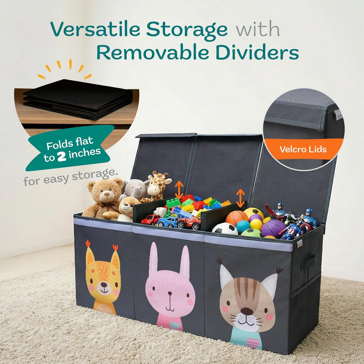 Extra Large Toy Storage Organizer with Lid - Sturdy, Collapsible Toy Chest Storage Box Design - Toys Bin with Dividers for Kids, Nursery, Bedroom, Playroom 37"x16"x14"