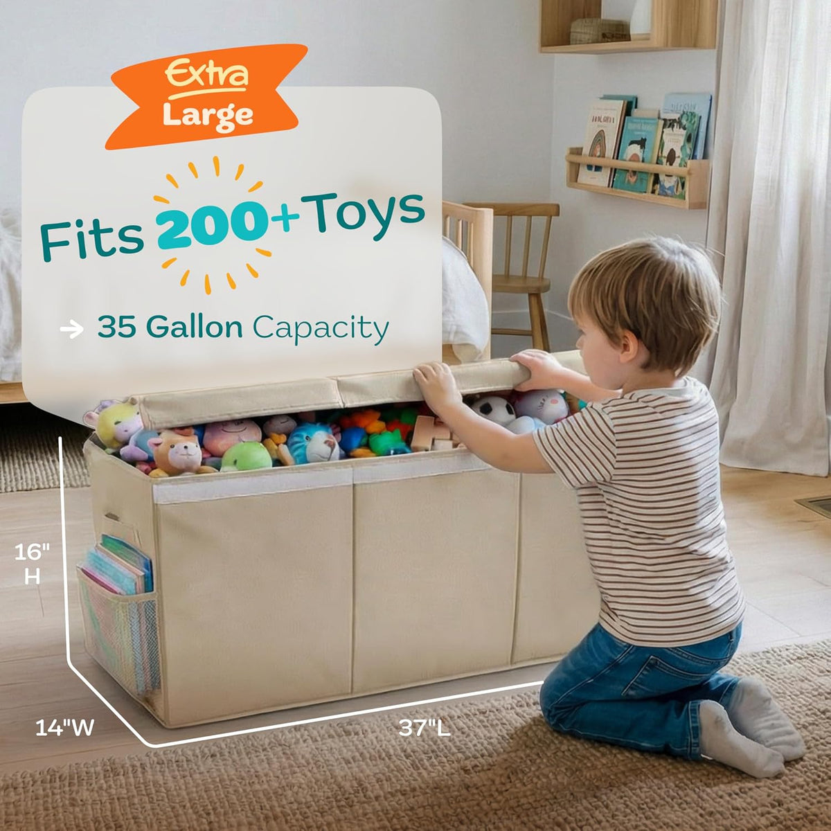 Extra Large Toy Storage Organizer with Lid - Sturdy, Collapsible Toy Chest Storage Box Design - Toys Bin with Dividers for Kids, Nursery, Bedroom, Playroom 37"x16"x14"