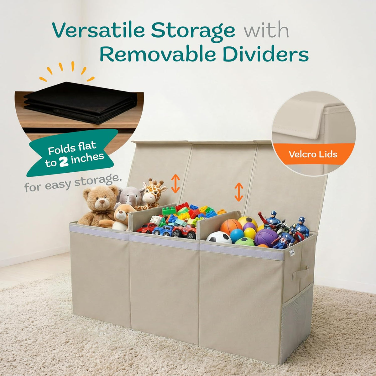 Extra Large Toy Storage Organizer with Lid - Sturdy, Collapsible Toy Chest Storage Box Design - Toys Bin with Dividers for Kids, Nursery, Bedroom, Playroom 37"x16"x14"