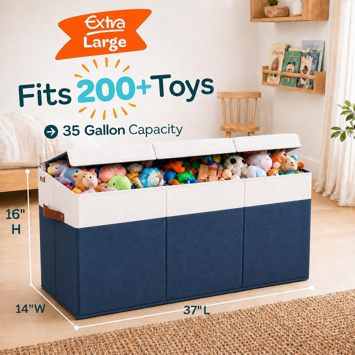 Extra Large Toy Storage Organizer with Lid - Sturdy, Collapsible Toy Chest Storage Box Design - Toys Bin with Dividers for Kids, Nursery, Bedroom, Playroom 37"x16"x14"